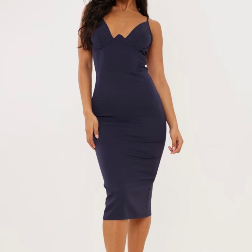 PrettyLittleThing Elegant Navy Corset Ribbed Blue Midi Dress